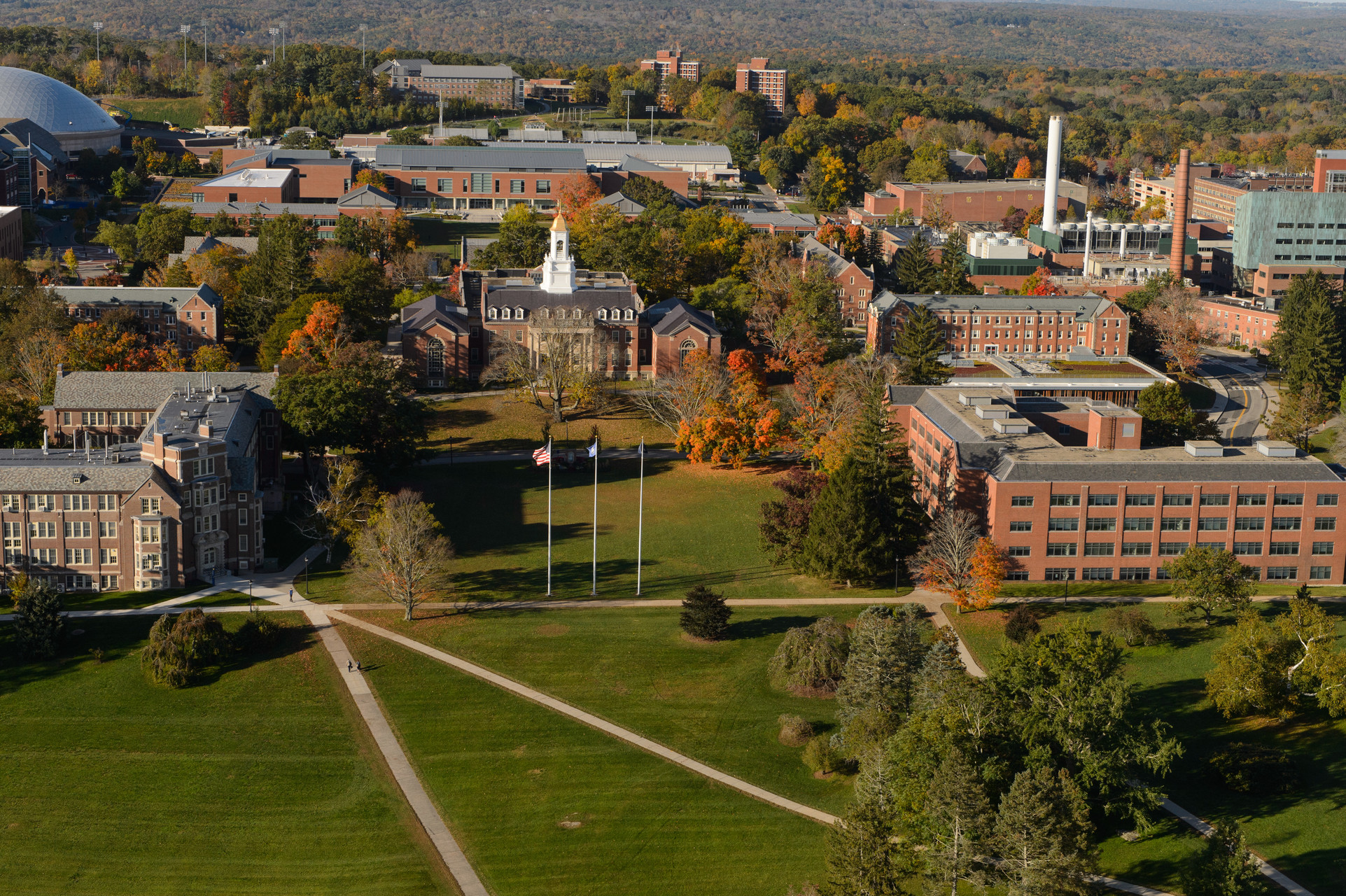 Aerial view of campus with flag